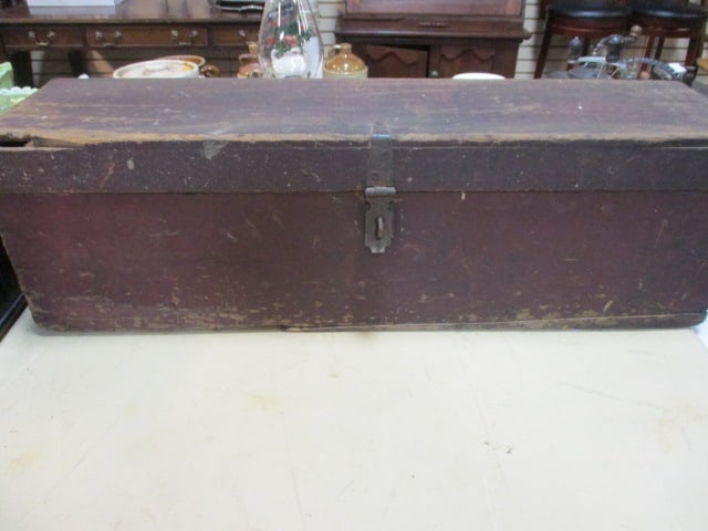 Primitive Wooden Tool Box with Iron Hasp Fastener: 34" x 9" x 10 1/4", well used condition-see pictures and preview, Local Pickup Only