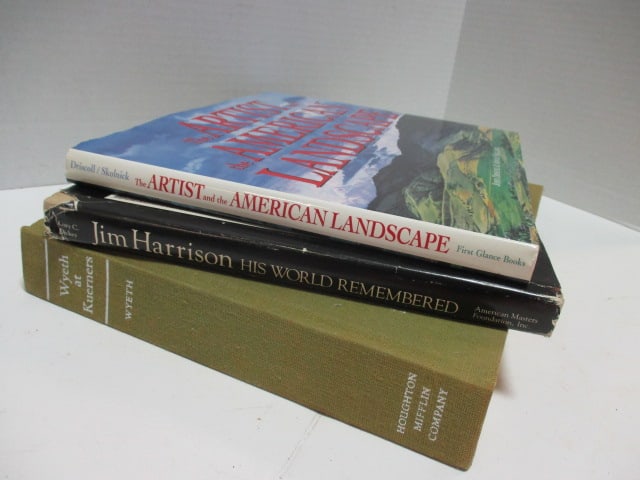 Three Art Coffee Table Books: 1998 "The Artist and the American Landscape", 1982 Signed and Personalized with Pencil Sketch on inside cover "Jim Harrison His World Remembered" and 1976 "Wyeth at Kuerners"(does not have dust cover)