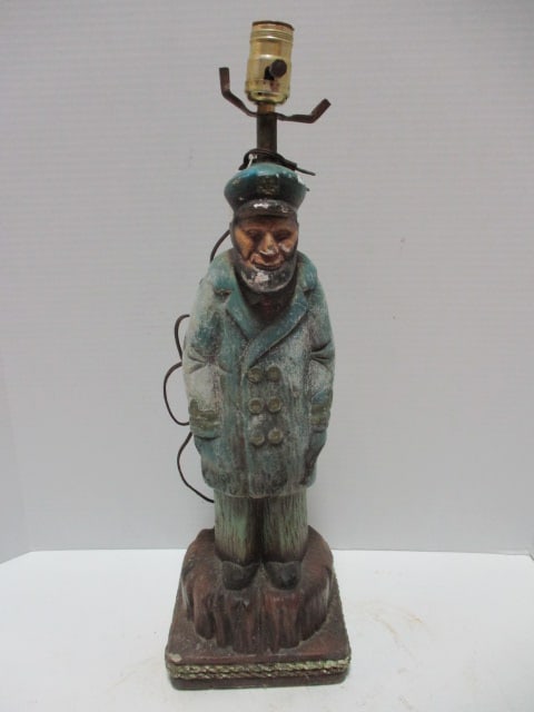Weathered Sea Captain Handpainted Chalkware Table Lamp: 22"h to socket, some chips and crazing, Local Pickup Only