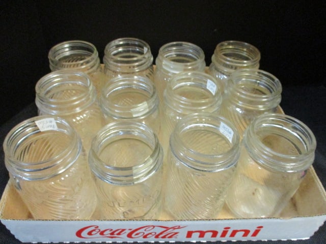 12 Vintage "Jumbo Peanut Butter" 1 lb. Glass Jars: some chips/flea bites on rim