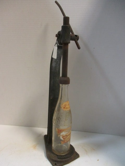 Vintage Cast Metal Bottle Capper Stand and Old Pepsi Cola Glass Bottle: Capper stand 18"h, has star foundry mark