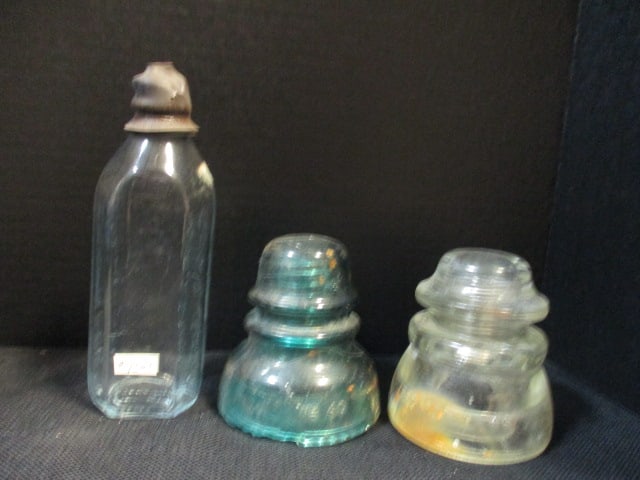 Two Vintage Glass Insulators and Old Fire King Baby Bottle: .