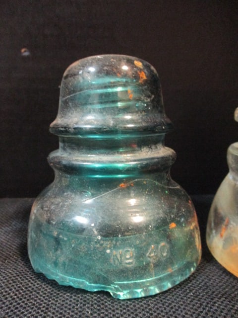 Two Vintage Glass Insulators and Old Fire King Baby Bottle - 5