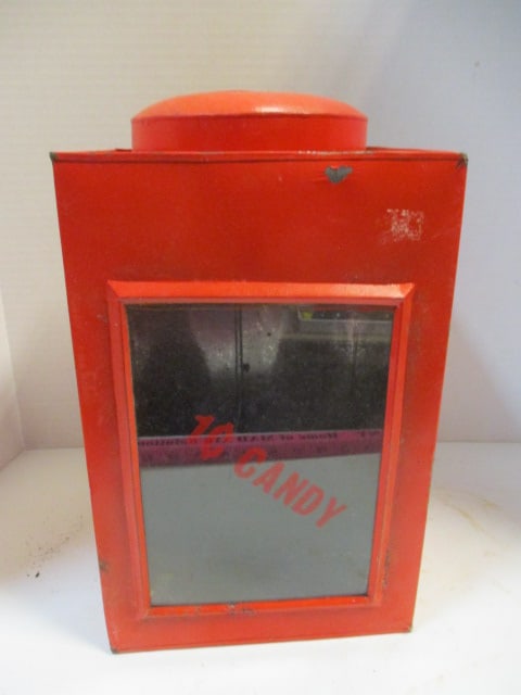 Painted Red "1 Cent Candy" General Store Countertop Tin: 7 3/4" x 7 3/4" x 13", some rust spots and dings