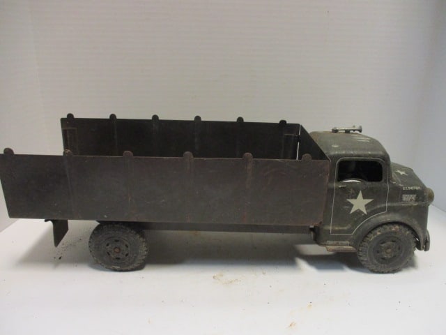 Vintage Marx Toys Pressed Steel Military Utility Truck: 18 1/2" long, played with condition