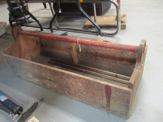 Large Primitive Wooden Tool Box with Hand Saw Slot Holder and Leather Strap Tool Holder: 32" x 12 1/2" x 12 1/2", Local Pickup Suggested