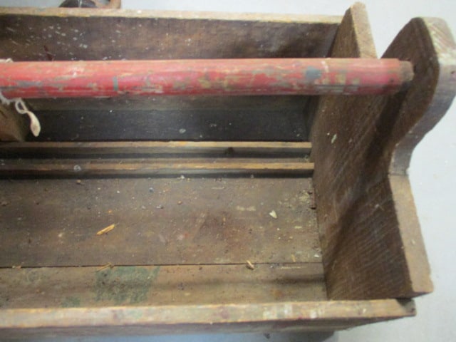 Large Primitive Wooden Tool Box with Hand Saw Slot Holder and Leather Strap Tool Holder - 2
