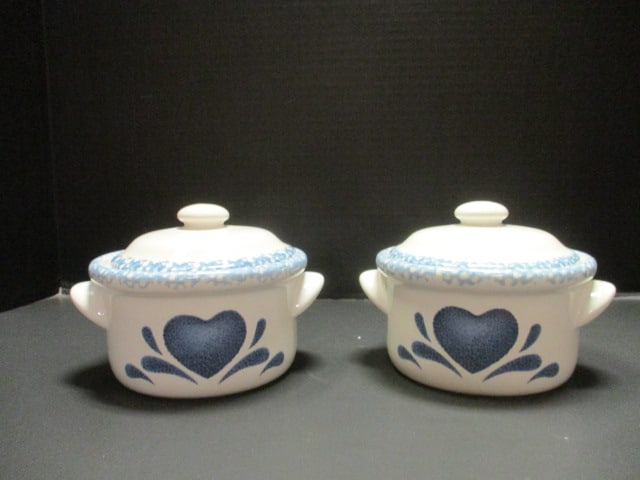 Blue Hearts Stoneware Soup Crocks (Lot of 2)
