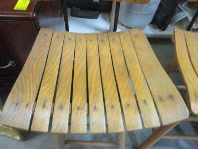 Mid Century Slat Wood Swiveling (PR) Bar Stools - 3