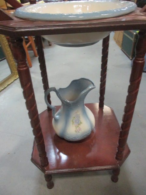 Antique Style Wood Wash Stand w/Porcelain Wash Basin & Pitcher - 8