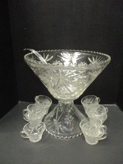 Pressed Glass EAPC Punch Bowl Set w/Cups & Stand/Ladle: .