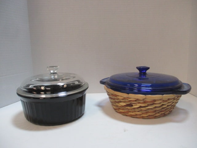 Cobalt Blue Casserole w/Basket & Black Casserole Dish: .