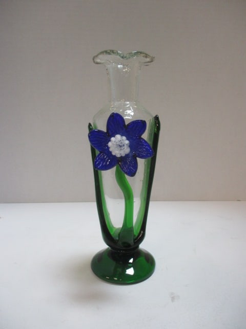 Handblown Clear & Green Art Glass Vase: 10 1/2"