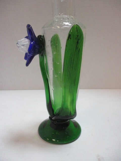Handblown Clear & Green Art Glass Vase - 4