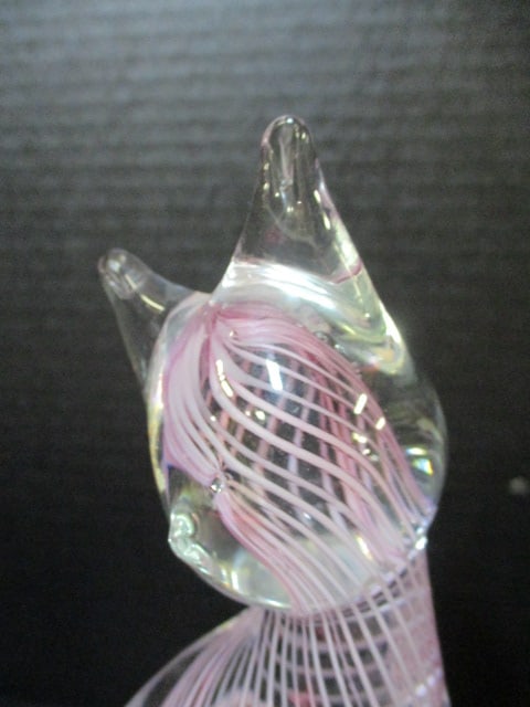 Vtg. Pink & Clear Striped Art Glass Cat Figurine - 3