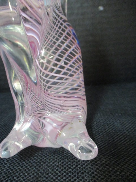 Vtg. Pink & Clear Striped Art Glass Cat Figurine - 4