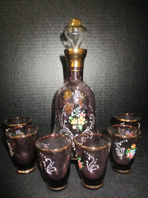 Bohemian Style Amethyst Purple Glass Decanter & Cordial Set