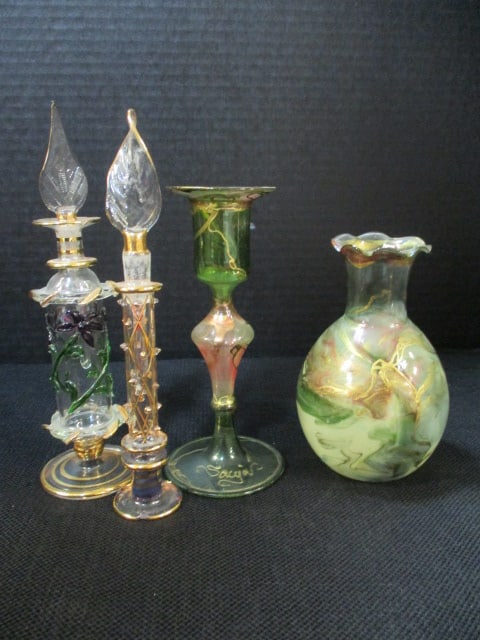 Handblown Art Glass 5" Vase, Art Glass 6" Candlestick Holder,: Egyptian Glass (Lot of 2) Perfume Bottles (7 1/2")