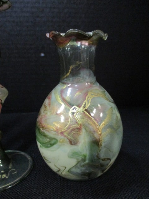Handblown Art Glass 5" Vase, Art Glass 6" Candlestick Holder, - 2