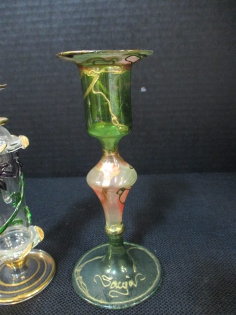 Handblown Art Glass 5" Vase, Art Glass 6" Candlestick Holder, - 4
