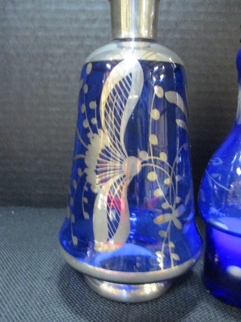 Cobalt Blue Cut to Clear Cruet Bottles (3) 7", & Murano - 2