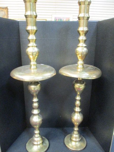 Moroccan Style Etched Brass Tall Altar Candlesticks: 40"