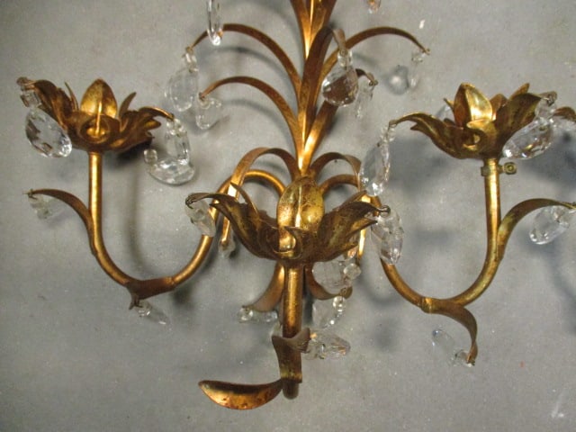 Italian Hollywood Regency Gold Gilt Tole & Crystal Wall Sconces (PR) - 2