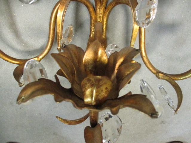 Italian Hollywood Regency Gold Gilt Tole & Crystal Wall Sconces (PR) - 3