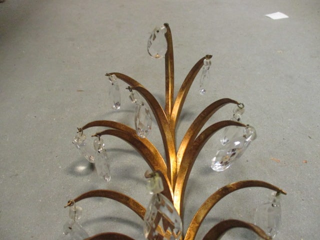 Italian Hollywood Regency Gold Gilt Tole & Crystal Wall Sconces (PR) - 4
