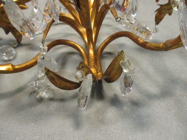 Italian Hollywood Regency Gold Gilt Tole & Crystal Wall Sconces (PR) - 5