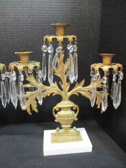 Brass & White Marble Triple Candleabras (PR) - 3