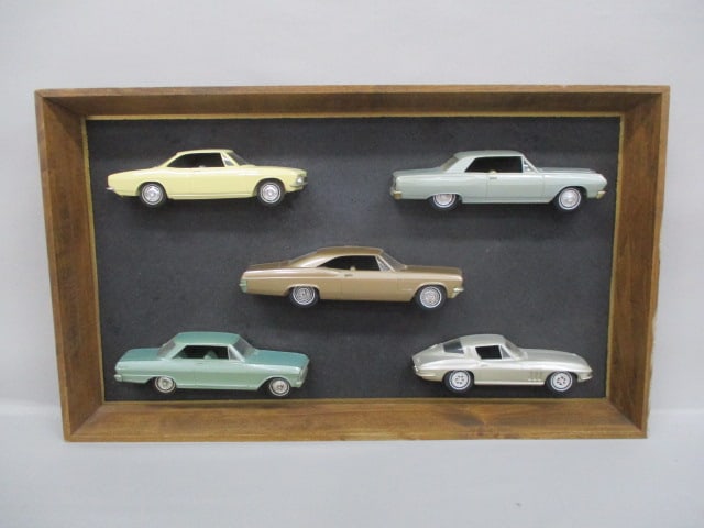 RARE Vintage Dealer Promotional "Passenger Side" 1/2 Car Promos In Wooden Shadow Box: 1965 Corvair, Chevy Malibu, Chevrolet SS Impala, Chevy Nova SS, Corvette Sting Ray