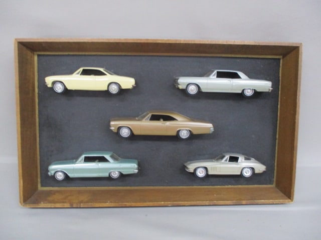 RARE Vintage Dealer Promotional "Driver Side" 1/2 Car Promos In Wooden Shadow Box: 1965 Corvair, Chevy Malibu, Chevrolet SS Impala, Chevy Nova SS, Corvette Sting Ray