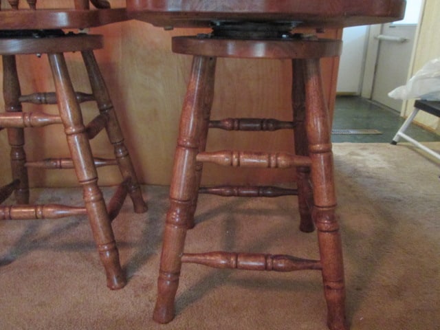 Three Royola Pacific Ltd. Oak Gingerbread Style Spindle Back Bar Chairs - 4