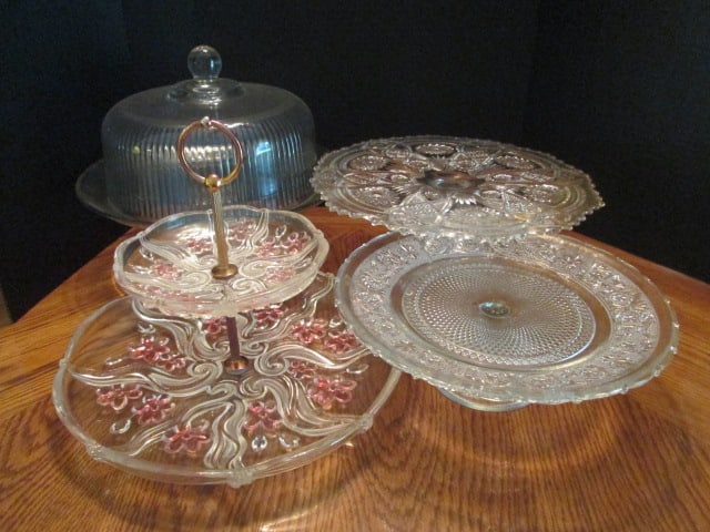 Two Pressed Glass Cake/Dessert Pedestals, Cake Dome and 2 Tier Dessert/Snack Server: Local Pickup Only