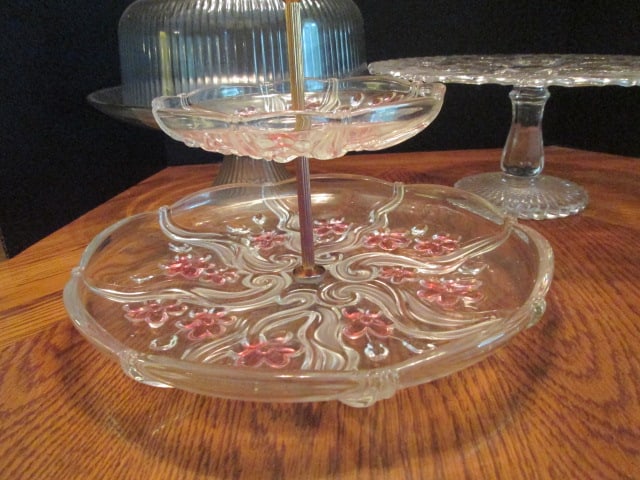 Two Pressed Glass Cake/Dessert Pedestals, Cake Dome and 2 Tier Dessert/Snack Server - 6