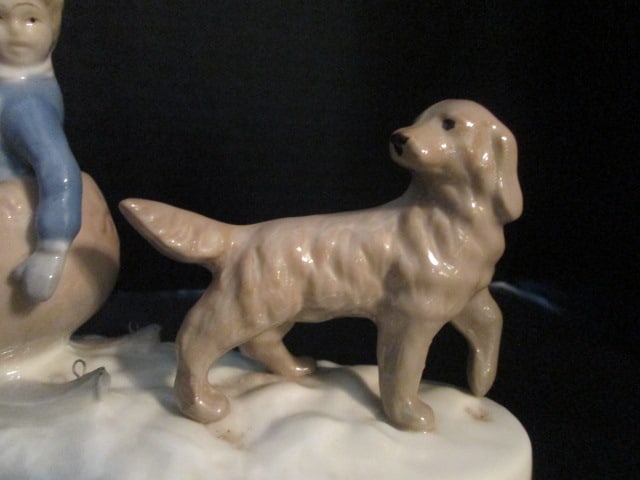 Meico, Inc. Handpainted Children in Sleigh Pulled by a Dog Porcelain Figurine with Wood Display - 3