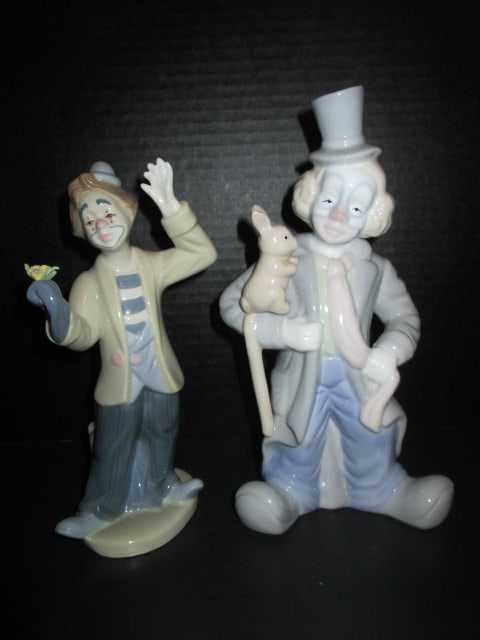 Two Meico, Inc. Handpainted Clown Porcelain Figurines: Magician Clown 9 1/4"h, Clown with Flower 8 1/4"h