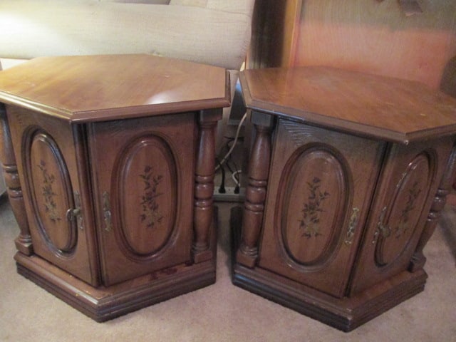 Pair of Cabinet Room Spanish Revival Style Hexagonal End Tables: 22" x 25 1/4" x 20 3/4", Style 8095-677, Made in USA, some finish scuffs on edges, color repair scuffs and finish wear spots on tops, Local Pickup Only