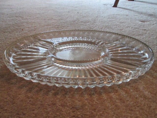 Midcentury American Pressed Glass Egg/Relish Plate, 5 Part Relish Tray, Cubist Pattern - 5