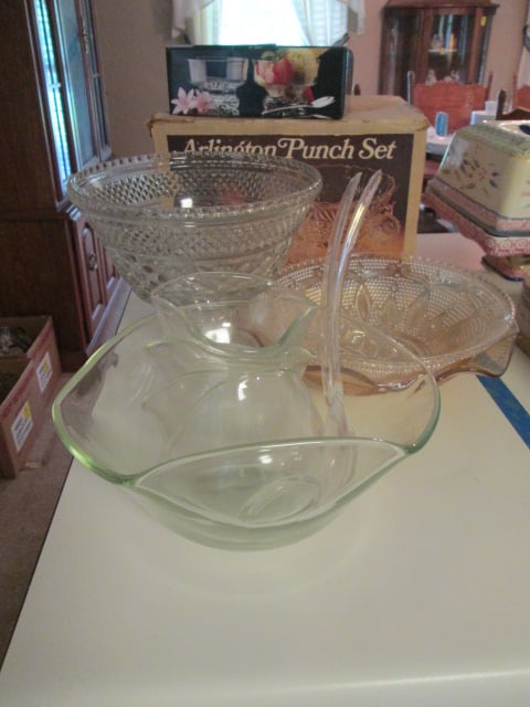 Anchor Hocking "Arlington" Punch Set in Original Box, Wexford Pattern Pedestal Bowl,: Iris & Herringbone Peach Flash Ruffle Bowl, Leaf and Bead Pattern Bowl and Wavy Glass Salad Bowl Set. Arlington set does not have ladle. Bring Boxes, Local Pickup Only