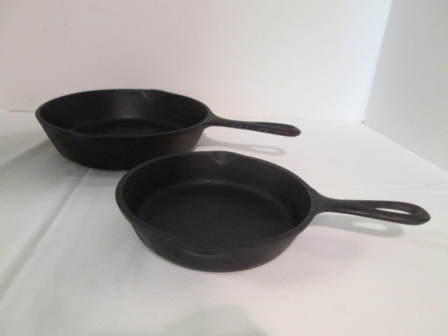 SK Cast Iron No. 3 and No. 5 Skillets: 6 1/2"dia, 8 3/4"dia, both have heat rings