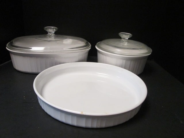 Corning Ware French White 1.6 Liter Round Casserole, 2.8 Liter Oval Casserole and: 10 1/2" Quiche/Tort Baker