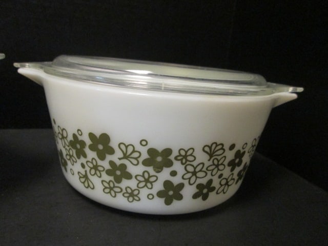 Midcentury Pyrex Green Spring Blossom(Crazy Daisy) 2 Piece Cinderella Casseroles - 2