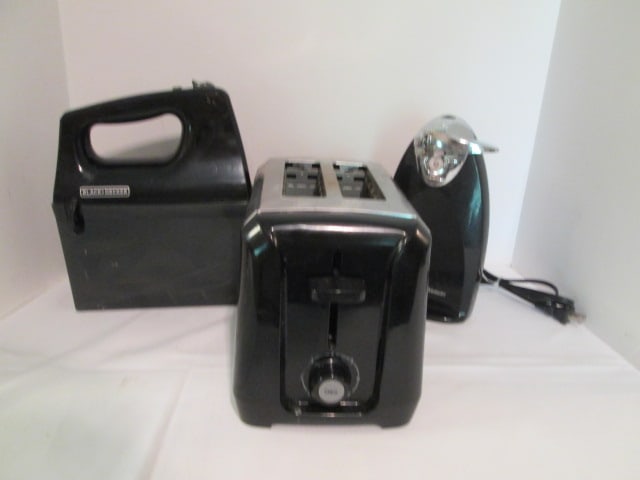 Hamilton Beach 2 Slice Toaster, Hamilton Beach Electric Can Opener and Black & Decker Hand Mixer: all power on