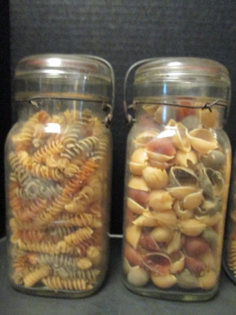 Four Old Atlas "Good Luck" Lock Lid Jars with Colored Dry Pasta - 2