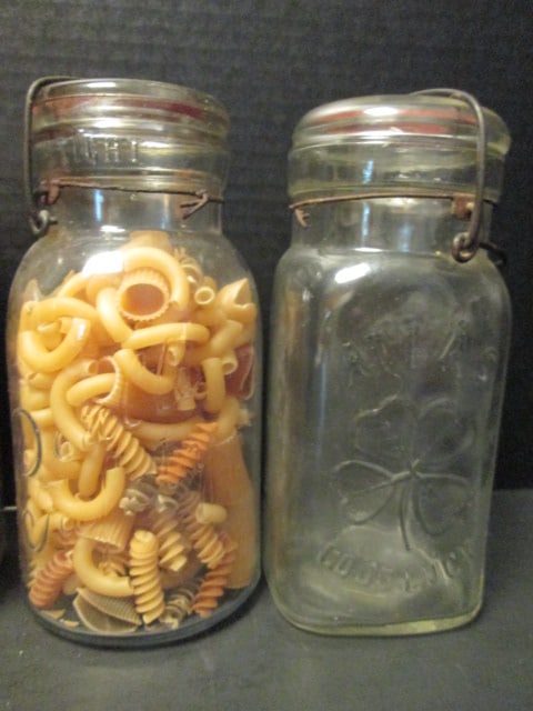 Four Old Atlas "Good Luck" Lock Lid Jars with Colored Dry Pasta - 3