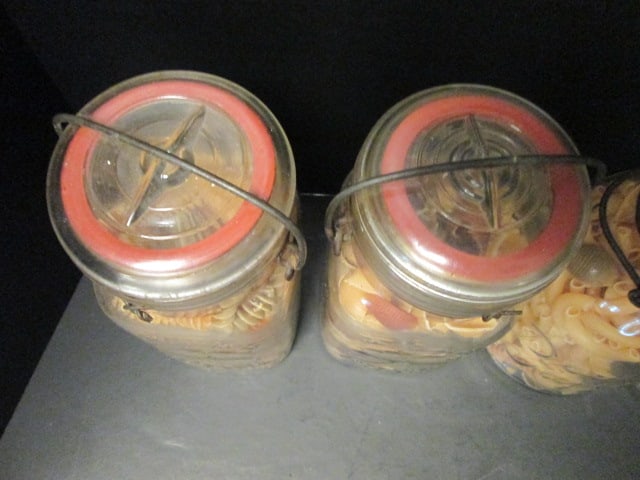 Four Old Atlas "Good Luck" Lock Lid Jars with Colored Dry Pasta - 4