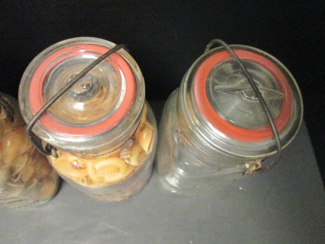 Four Old Atlas "Good Luck" Lock Lid Jars with Colored Dry Pasta - 5