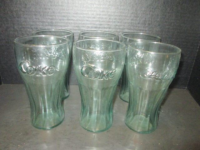 Six Coca-Cola Green Bell Glasses: 6 3/4"h